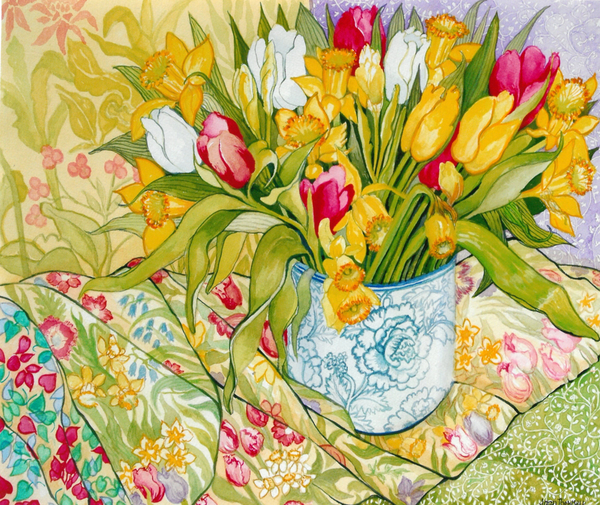 Tulips and Daffodils with Patterned Textiles a Joan  Thewsey