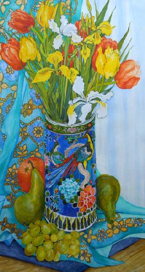Tulips and Iris in a Japanese Vase, with fruit and textiles