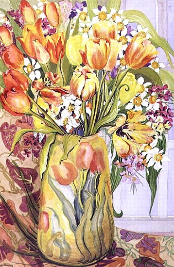 Tulips and Narcissi in an Art Nouveau Vase (w/c on paper)  a Joan  Thewsey