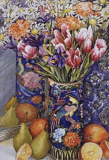 Tulips in a Japanese Vase with Fruit (w/c)  a Joan  Thewsey