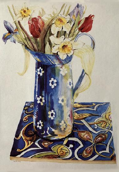 Tulips, Iris and Narcissus in a Blue Enamel Jug with an Italian Tile
