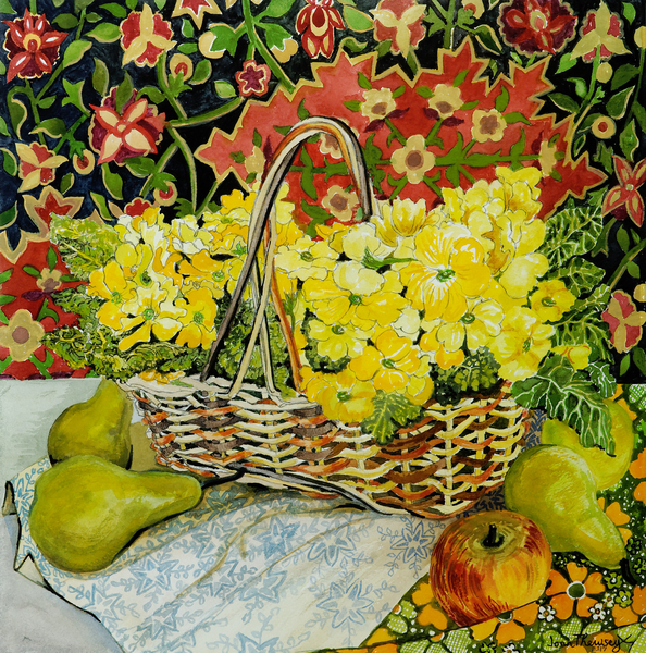 Yellow Primroses in a Basket,with Fruit and Textiles a Joan  Thewsey