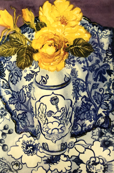 Yellow Roses in a Blue and White Vase with Patterned Blue and White Textiles a Joan  Thewsey
