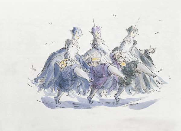Three Kings Dancing a Jig (pen & ink and w/c on paper)  a Joanna  Logan