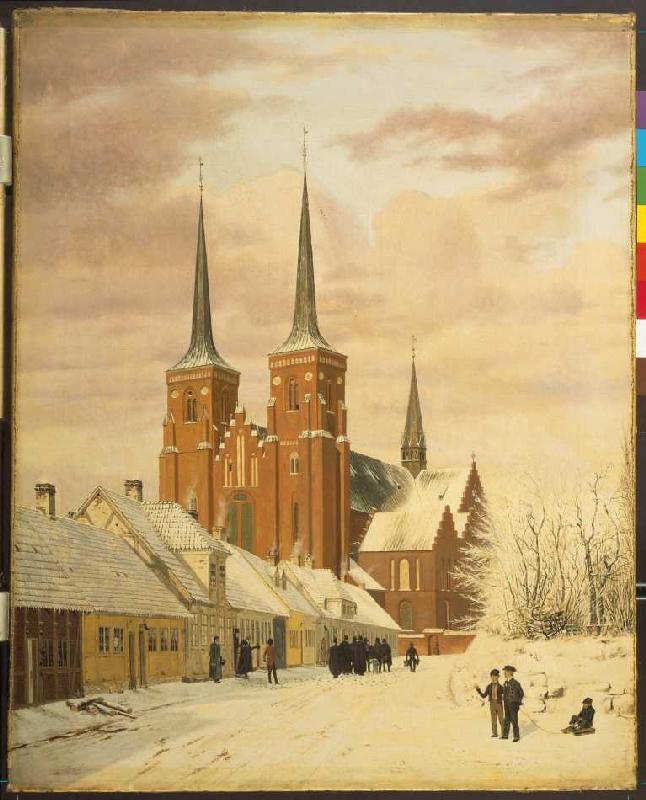 Winter scene in Roskilde with the cathedral. a Jörgen Pedersen Roed