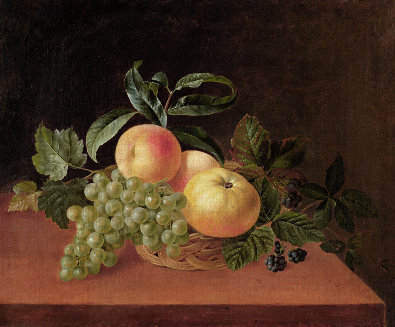 Basket with Apples, Peach and Grapes a Johan Laurentz Jensen