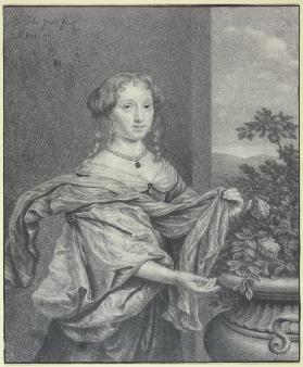 Portrait of a 13-year old girl with a large vase with roses