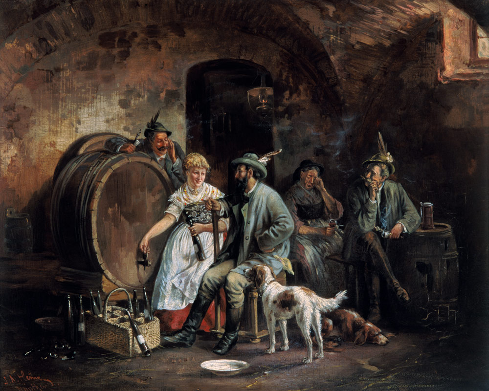 Zecherei in the wine cellar when filling the wine bottles a Johann Adalbert Heine