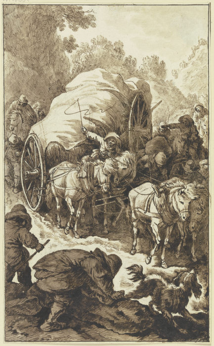 Ein hochbepackter, von vier Pferden gezogener Wagen kommt einen Gebirgsweg herab a Johann Albrecht Dietzsch