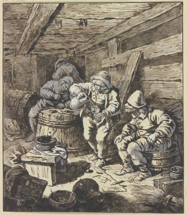 In einem niedrigen, holzverkleideten Raum mit Fässern sitzt rechts ein Bauer, nach seinem Kumpan sch a Johann Albrecht Dietzsch