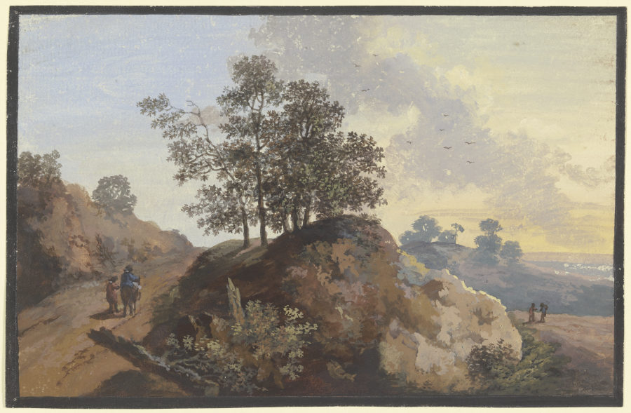 Baumpartie mit Felsen zwischen zwei Wegen, links zwei Männer, einer beritten, rechts zwei Figuren un a Johann Alexander Thiele