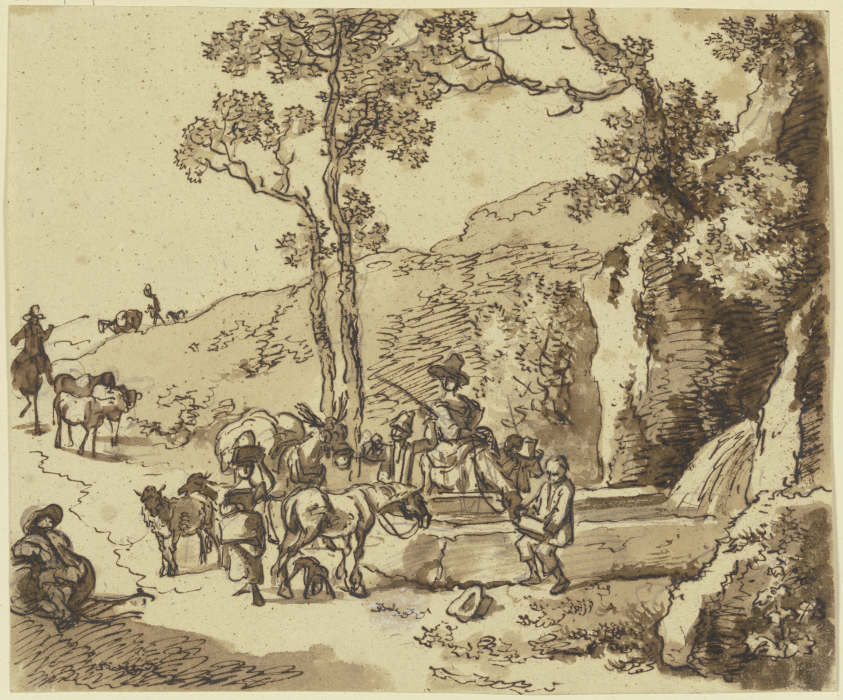 Hirtenszene an einem Brunnen, Schafe und Maulesel nähern sich der Tränke, an der eine Reiterin ihr P a Johann Christian Klengel
