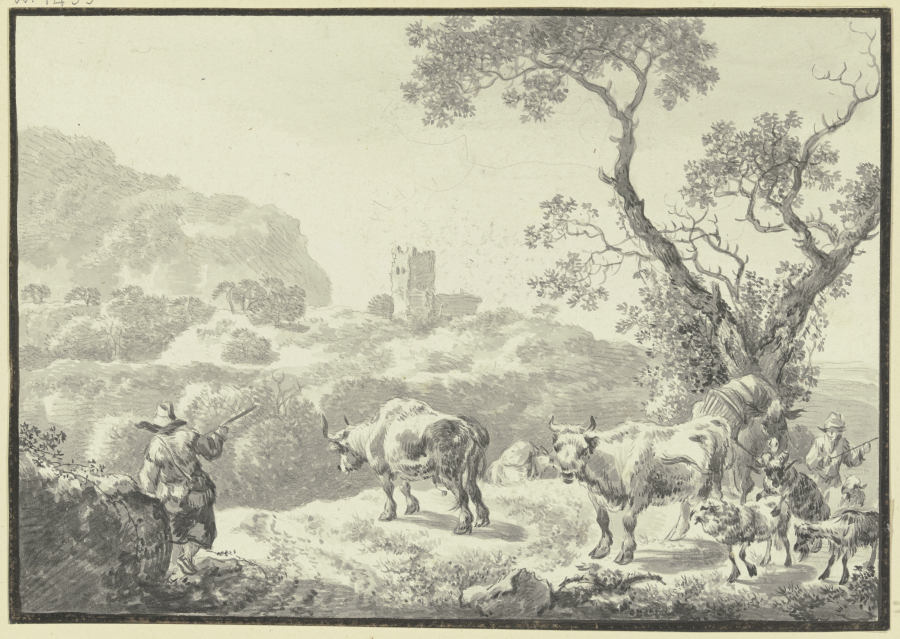 Landschaft mit einer Burgruine, zwei Hirten führen ihre Viehherde von rechts herbei a Johann Christian Klengel