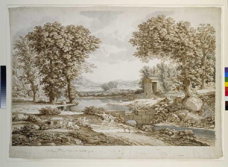 Große stilisierte Landschaft mit einem Fluß und Tempel. Vorne zwei Jünglinge mit Jagdspießen und Win a Johann Christian Reinhart