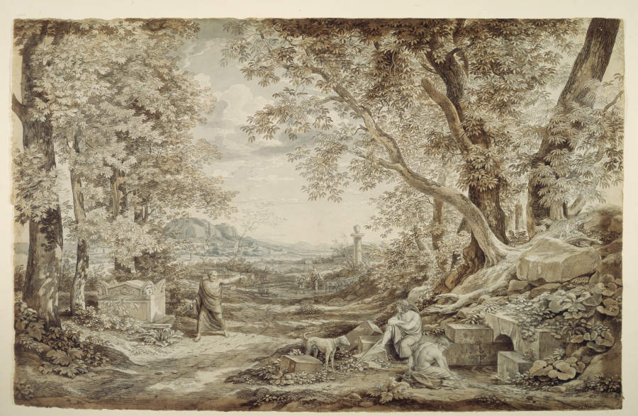 Landschaft mit antiken Denkmälern ("Die Erfindung des korinthischen Kapitels") a Johann Christian Reinhart
