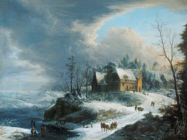Paesaggio invernale con un villaggio su un fiume ghiacciato a Johann Christian Vollerdt