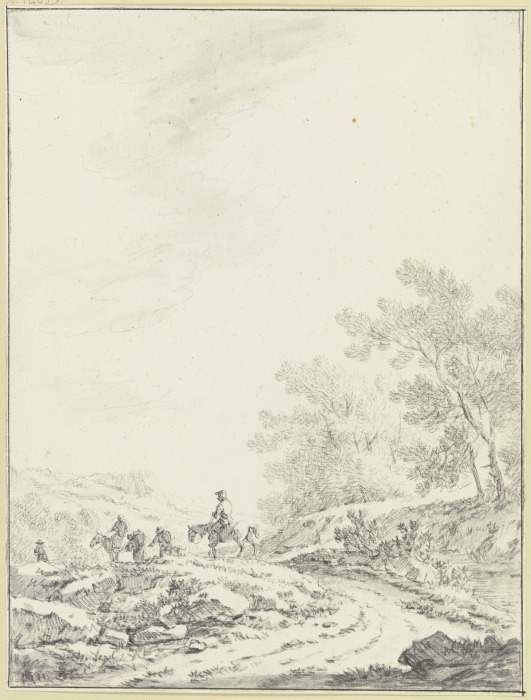 Breiter Weg mit Ausblick in eine offene Landschaft, rechts Buschwerk, links auf dem Weg zwei Reiter  a Johann Christoph Dietzsch