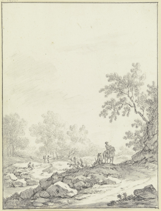 Hügeliges Gelände mit Bäumen und Gestein, im Vordergrund ein Reiter und ein sitzender Mann, links dr a Johann Christoph Dietzsch