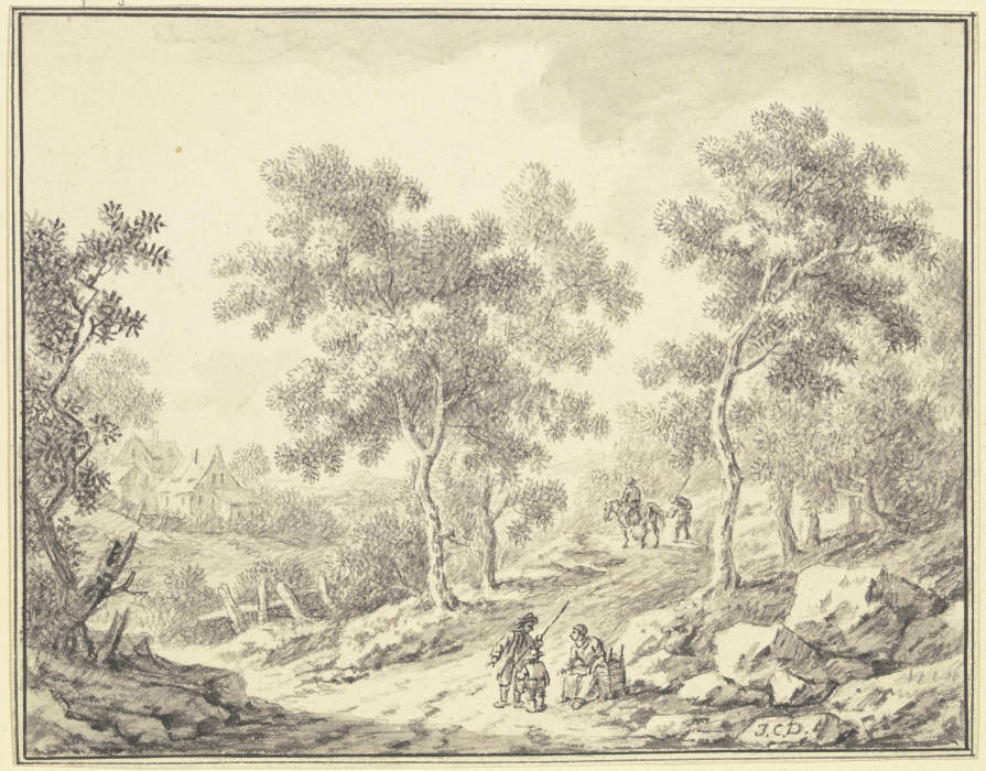 Waldweg, links Durchblick auf ein Gehöft, im Vordergrund eine sitzende Frau mit einer Kiepe und ein  a Johann Christoph Dietzsch