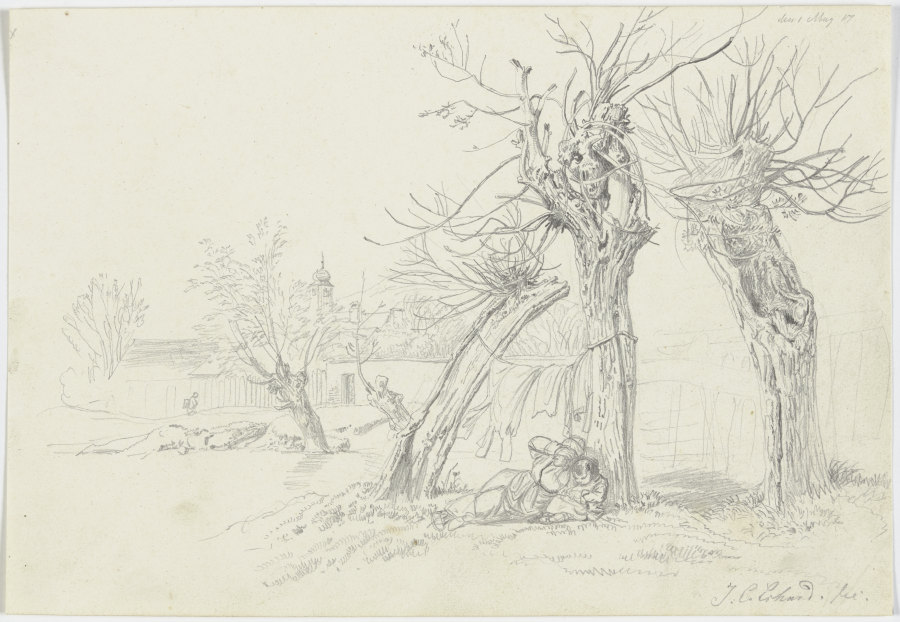 Unter Weidenbäumen wird Wäsche getrocknet, darunter liegt eine Frau mit Kinde, hinten ein Dorf a Johann Christoph Erhard