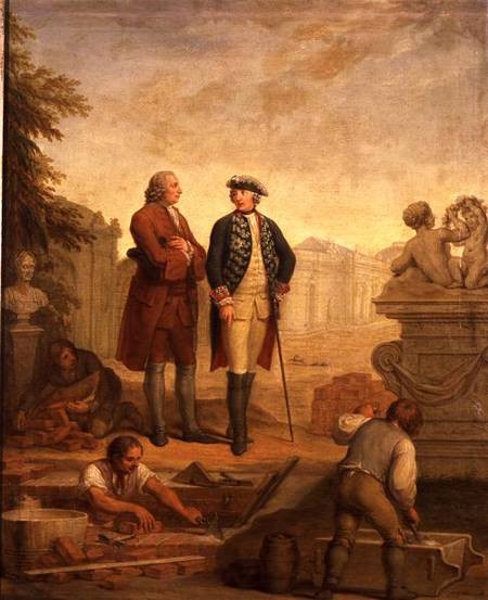King Frederick II of Prussia (1712-86) and the Marquis of Argens (1704-1771) inspecting the construc a Johann Christoph Frisch