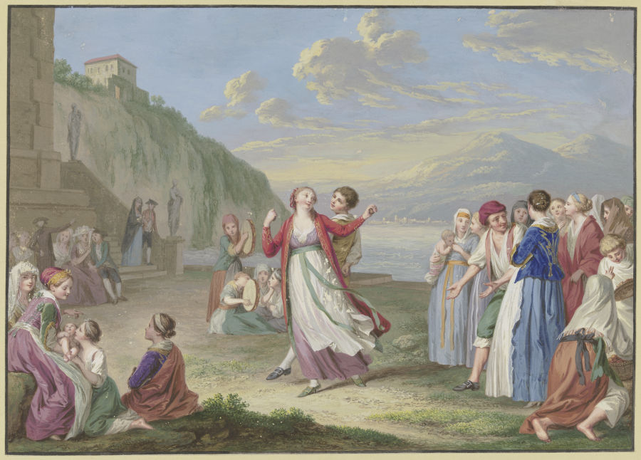 Italienische Landleute unterhalten sich am Seeufer mit Spiel und Tanz, im Hintergrund hohe Berge a Johann Friedrich August Tischbein