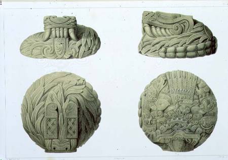 Depiction in stone of the Feathered Serpent God Quetzalcoatl, plate 48 from 'Ancient Monuments of Me a Johann Friedrich Maximilian von Waldeck