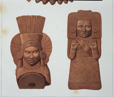 Two terracotta figures of women from Palenque, plate from 'Ancient Monuments of Mexico', engraved by a Johann Friedrich Maximilian von Waldeck