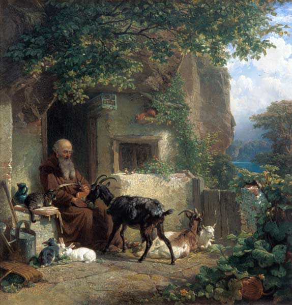 Asceta davanti al suo eremo che nutre una capra a Johann Friedrich Voltz