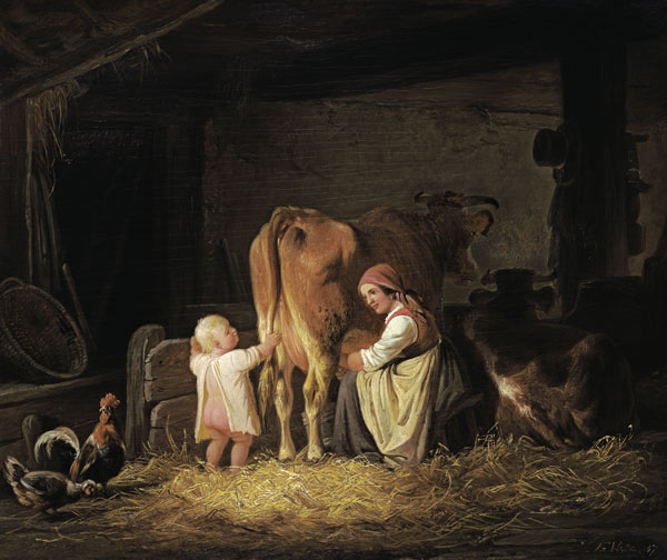Agricoltore con figlio mentre mungono a Johann Friedrich Voltz