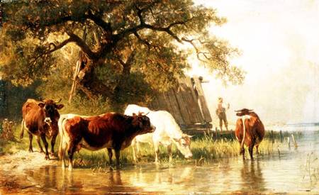 Cattle Watering in a River Landscape a Johann Friedrich Voltz