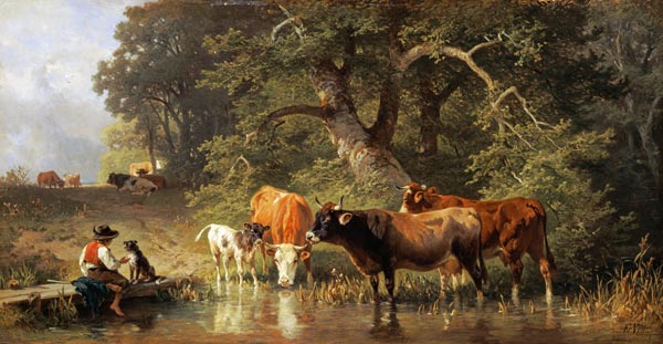 Bestiame a bagno in uno stagno nel bosco a Johann Friedrich Voltz