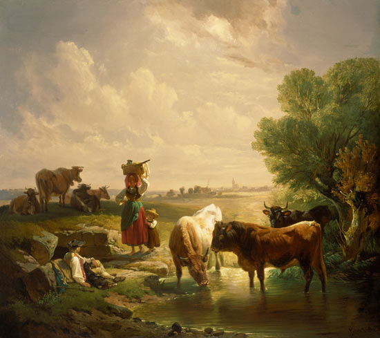 Famiglia di pastori con mucche all'abbeveratoio a Johann Friedrich Voltz