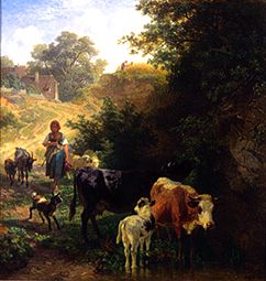 Hirtin with herd at the watering-place a Johann Friedrich Voltz