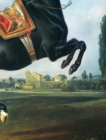 A black horse performing the Courbette (detail of 65652) a Johann Georg Hamilton