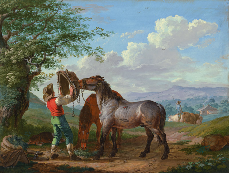 Zwei Pferde auf dem Felde unter einem Baum a Johann Georg Pforr