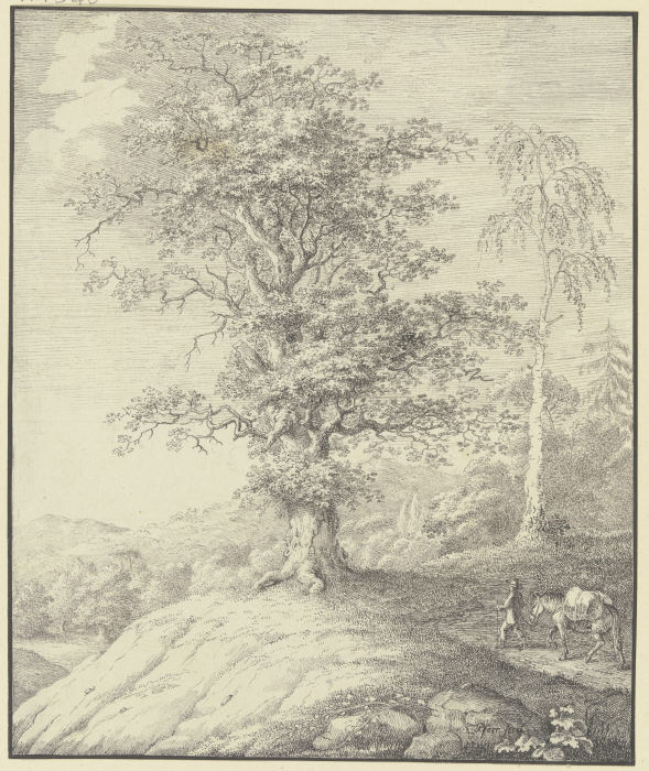 Eichbaum und Birke auf einer Anhöhe, von rechts führt ein Mann ein bepacktes Pferd herbei a Johann Georg Pforr