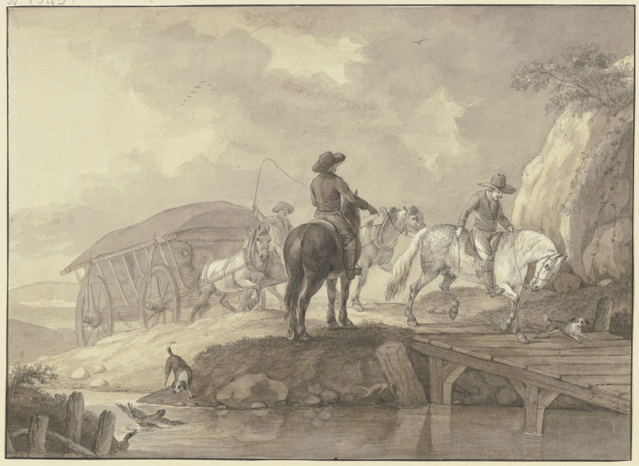 Ein mit Säcken beladener Lastwagen, begleitet von zwei Reitern und zwei Hunden, fährt über eine Brüc a Johann Georg Pforr