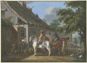 Ein reichgekleideter Kavalier hält mit drei Pferden und einem Diener vor einem Bauernhaus, eine barf