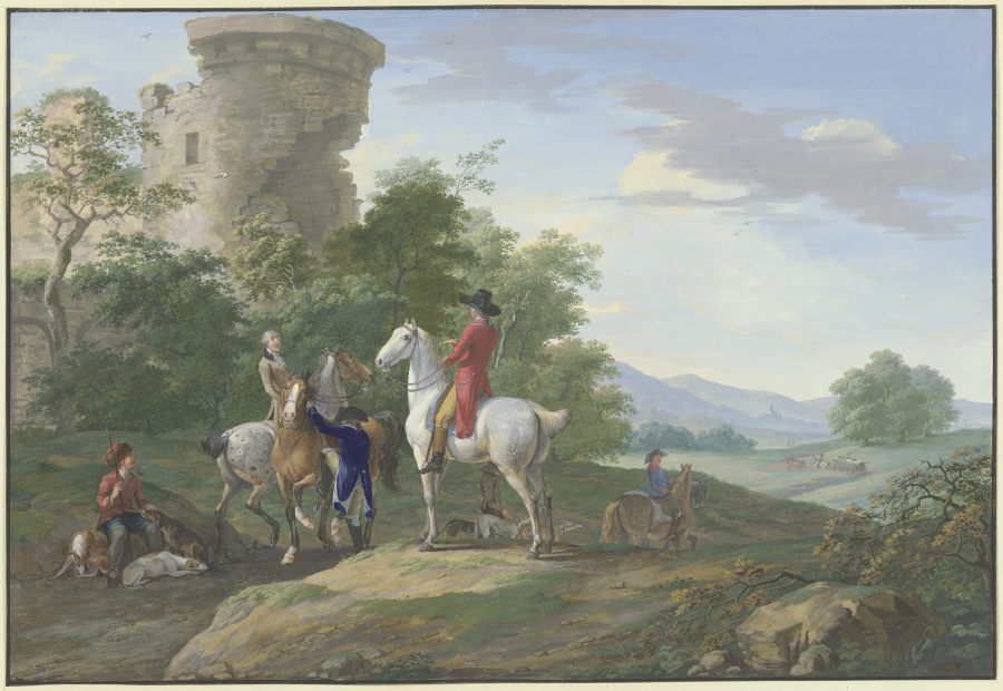 Jäger mit Pferden und Jagdhunden machen bei einer Ruine halt a Johann Georg Pforr