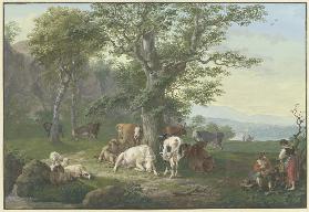 Lagernde Herde unter einer Eiche, rechts Hirte und Hirtin bei der Mahlzeit und Ausblick in die Ferne