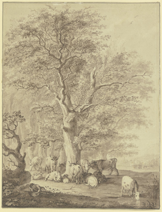Rinderherde mit zwei Schafen und dem Hirten unter einer Eiche rastend a Johann Georg Pforr