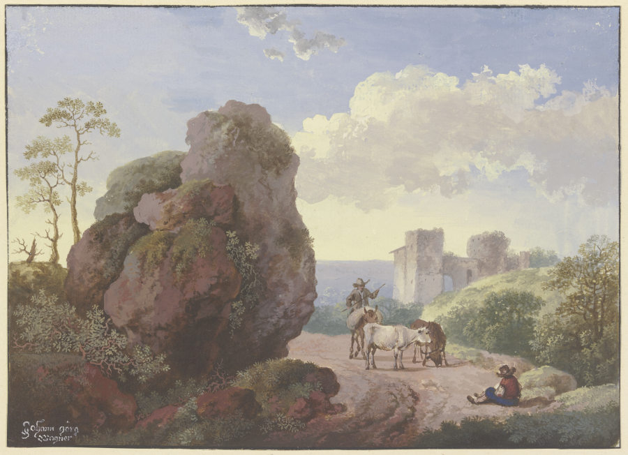 Ein großer Fels neben einem Weg mit Hirten und Vieh, rechts eine Ruine a Johann Georg Wagner