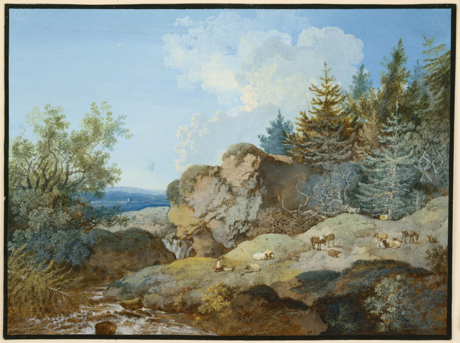 Waldlandschaft im Gebirge mit Herde und Gewässer a Johann Georg Wagner