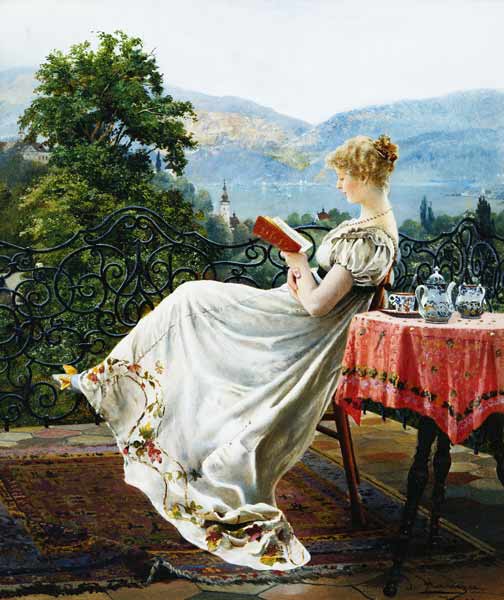 Lesende auf einer Terrasse. a Johann Hamza