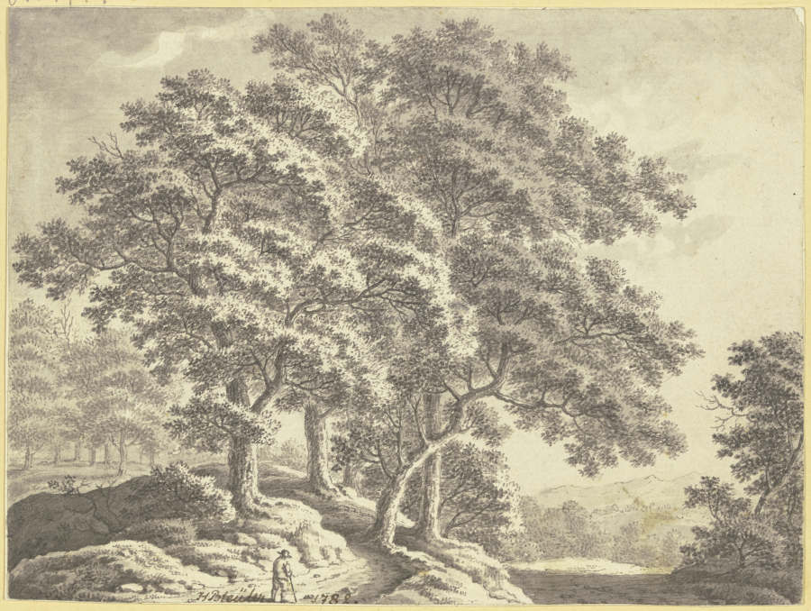 Hügelige Waldlandschaft mit einem Wanderer im Vordergrund a Johann Heinrich Bleuler