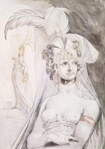 Half Figure of a Courtesan with Feathers, a Bow and a Veil in her Hair, 1800-10 (pencil, w/c and a Johann Heinrich Füssli