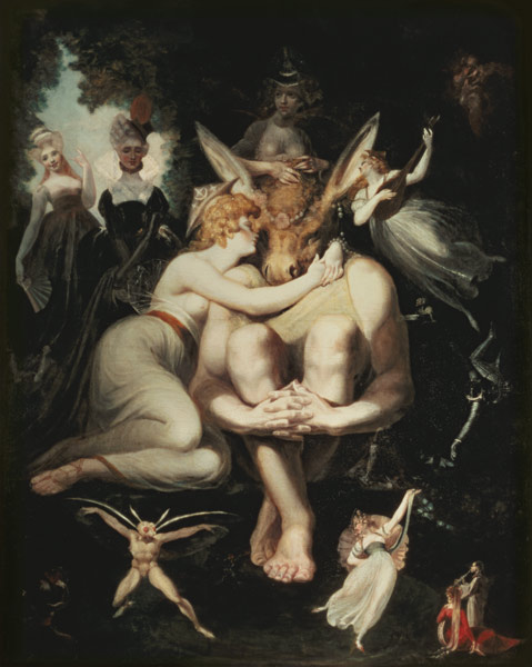 Titania Awakes, Surrounded by Attendant Fairies, clinging rapturously to Bottom, still wearing the A a Johann Heinrich Füssli