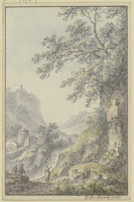 Blick in eine Berglandschaft mit einer Burg, im Vordergrund ein Hohlweg mit drei Figuren a Johann Heinrich Müntz