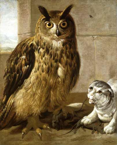 Gufo reale e gatto con topo morto a Johann Heinrich Roos